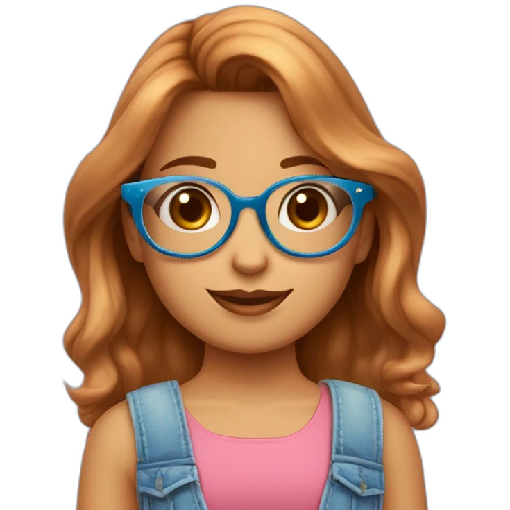 Una niña de cabello rubio corto con corte degradado y lentes oscuros, sombrero para verano rosa claro y una casaca grande hasta el cuello azul emoji