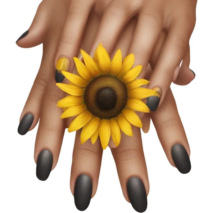 hand holding a sunflower with medium sized acylics on her nails  emoji