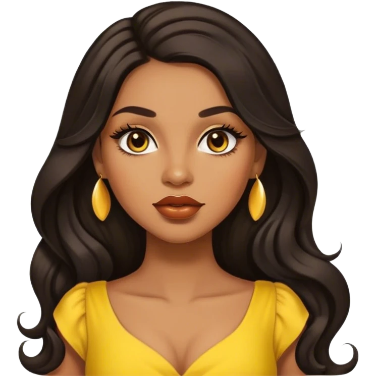 light brown skin tone, very beautiful woman, with big plump lips, long long lashes, black long wavy hair, middle hair parting, brown eyes, yellow dress emoji