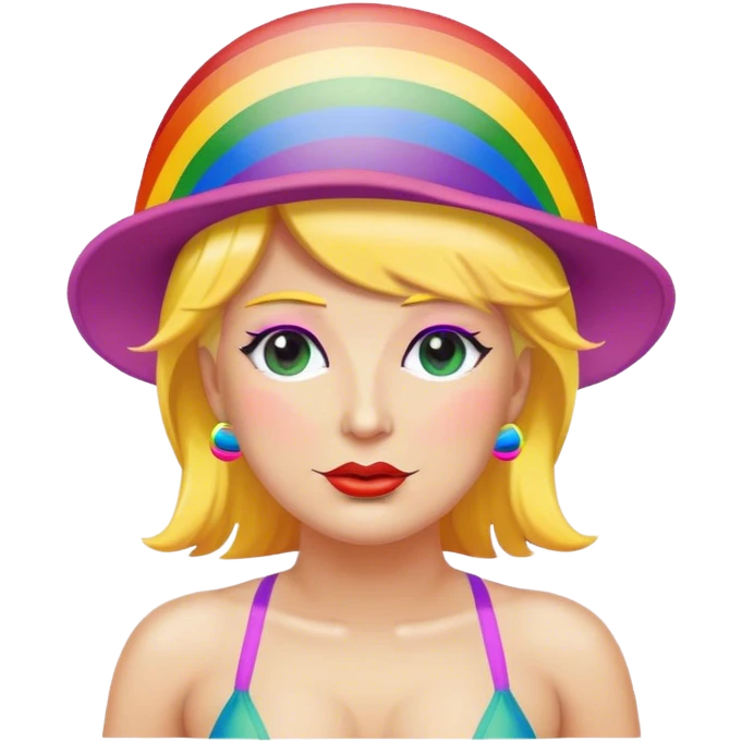 Donald trump wearing a rainbow hat that says “LGBTQ” wearing a women’s bathing suit emoji