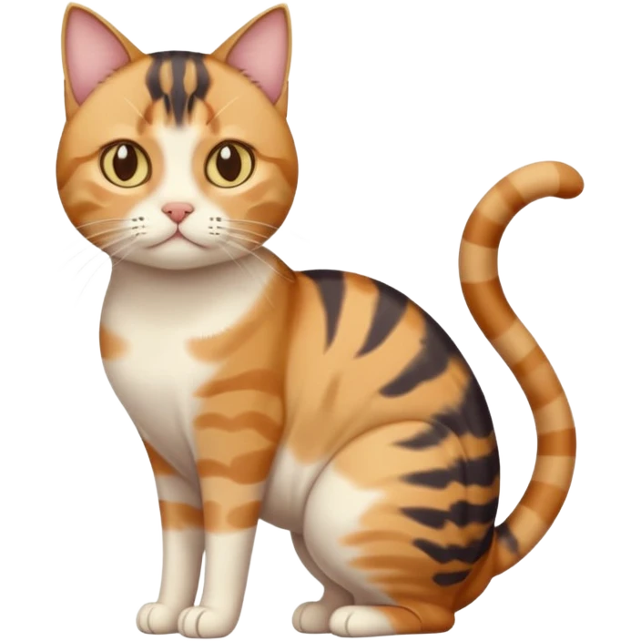 full body calico tabby cat with skinny head and fat body with an anxious face emoji