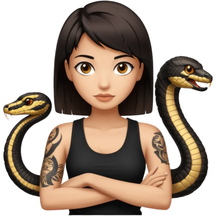 Femme brune yeux marron avec une coupe carré noir qui descend sur l'épaule , femme couleur de peau un peu bronzé mais pas metisse, avec un cobra a côté , débardeur noi , avec un tatouage sur le bras droit emoji