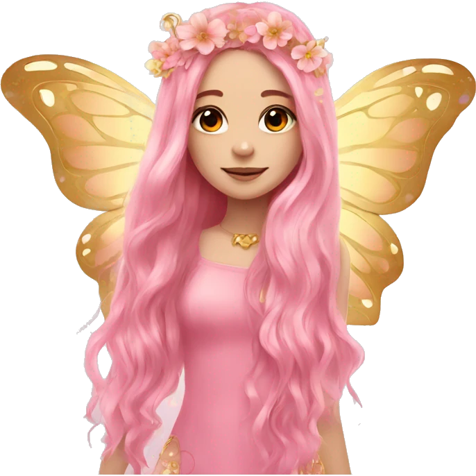 Beautiful, flower, fairy, pink, gold, long hair, butterfly wings emoji