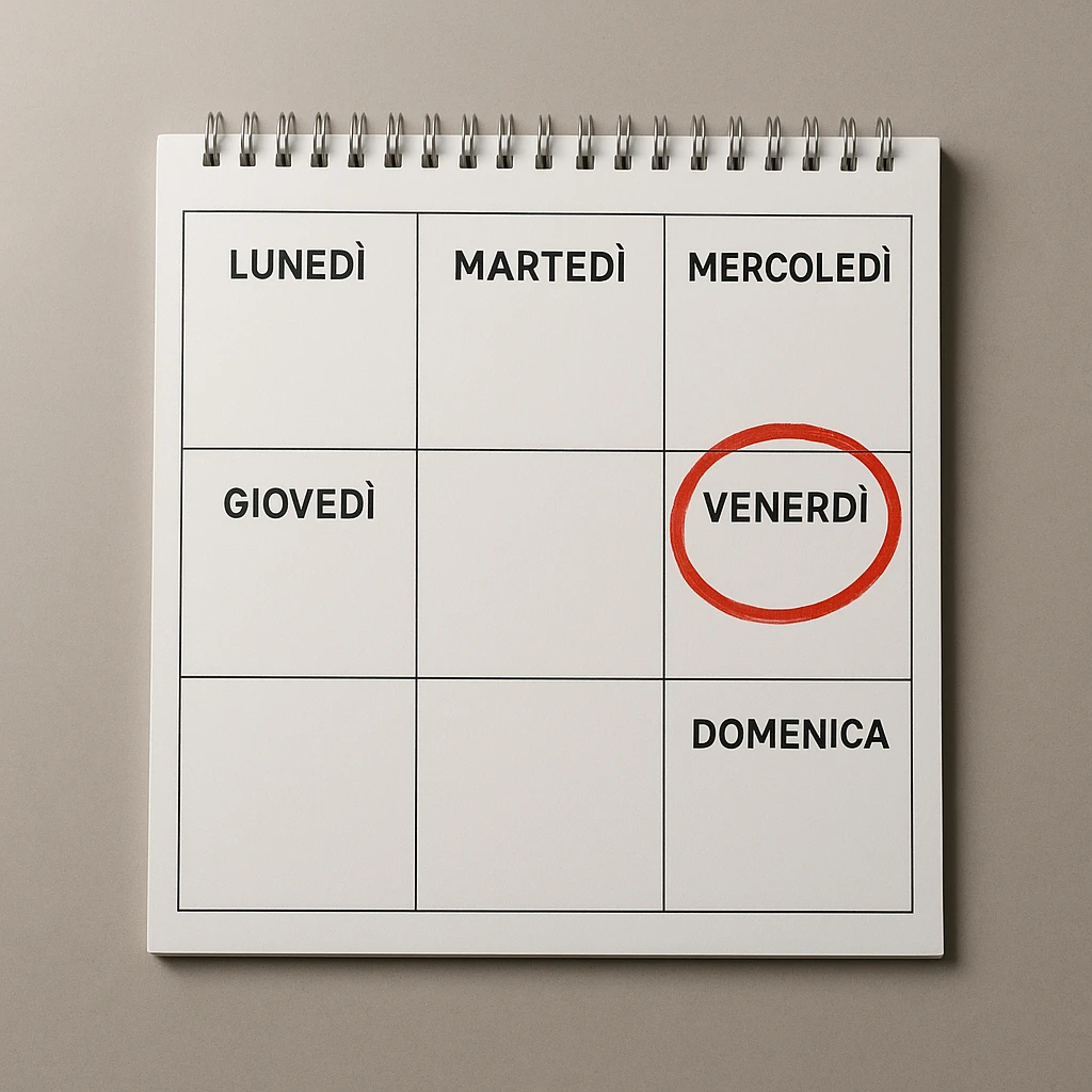 weekly calendar written in Italian, days from Monday to Sunday, Friday circled in red, top view, realistic style, 4K details, modern environment emoji