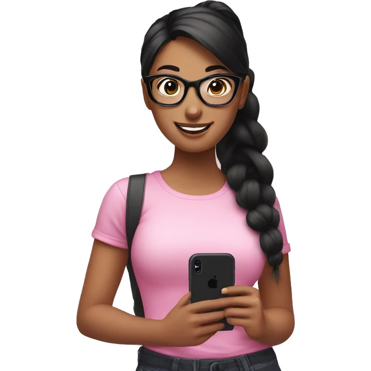 smiling girl with black hair and ponytail style, standing with a pink iphone in her hand, wearing big black glasses emoji