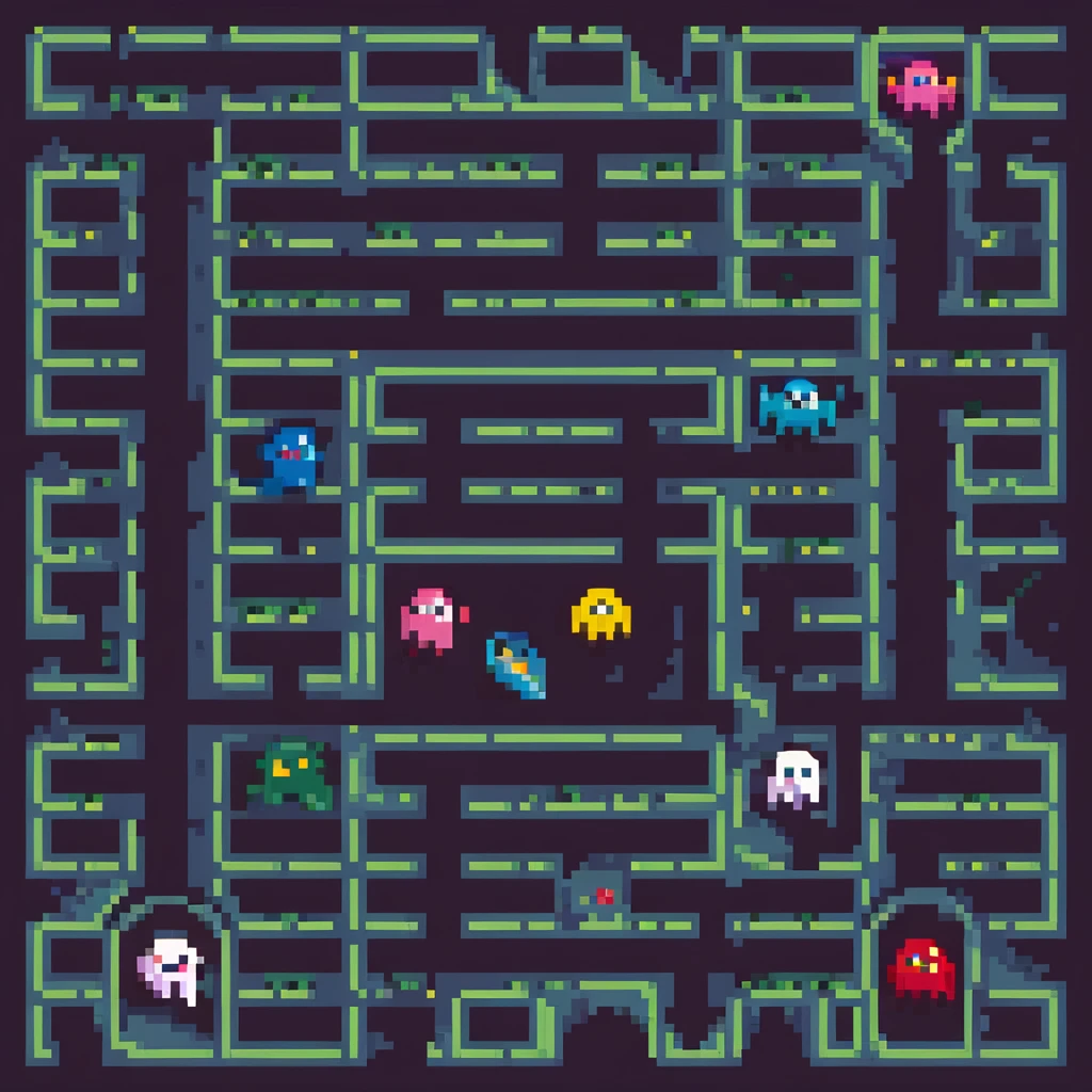 8-bit pacman game scene with dots and ghosts emoji