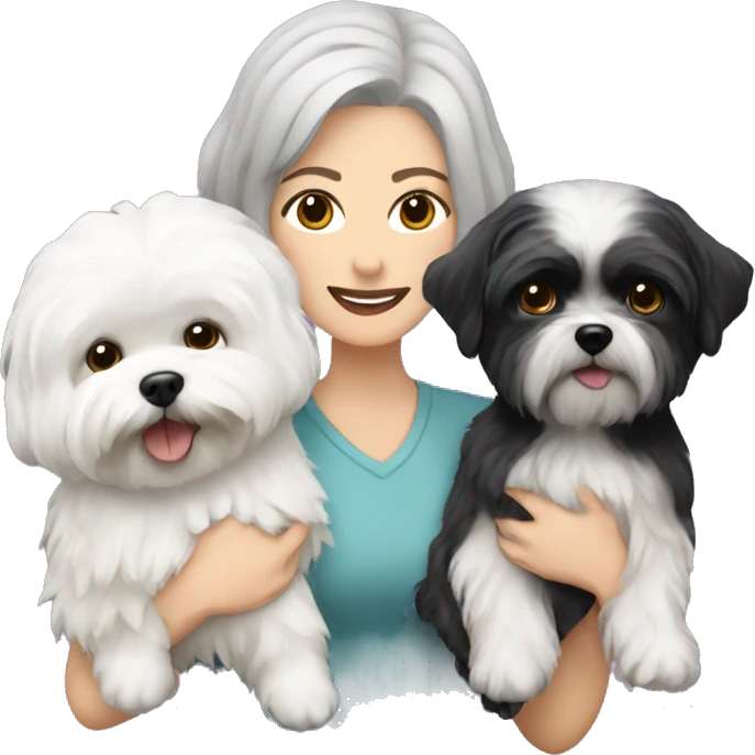 White women with short grey hair holding two dogs one black shih tzu and one white bichon frise emoji