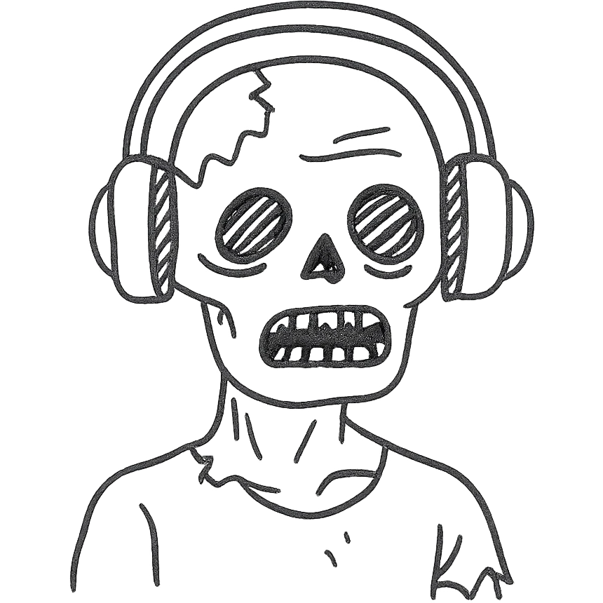 a zombie with headphones, hand drawn outlined icon style emoji