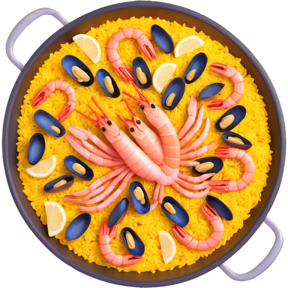 traditional Spanish seafood paella with shrimp, clams, mussels, saffron rice in a paella pan emoji
