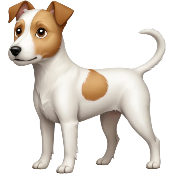 a full body large white parson russell terrier looking dog the size of a kelpie with light brown long ears and a light brown patch on one eye and a large snout emoji