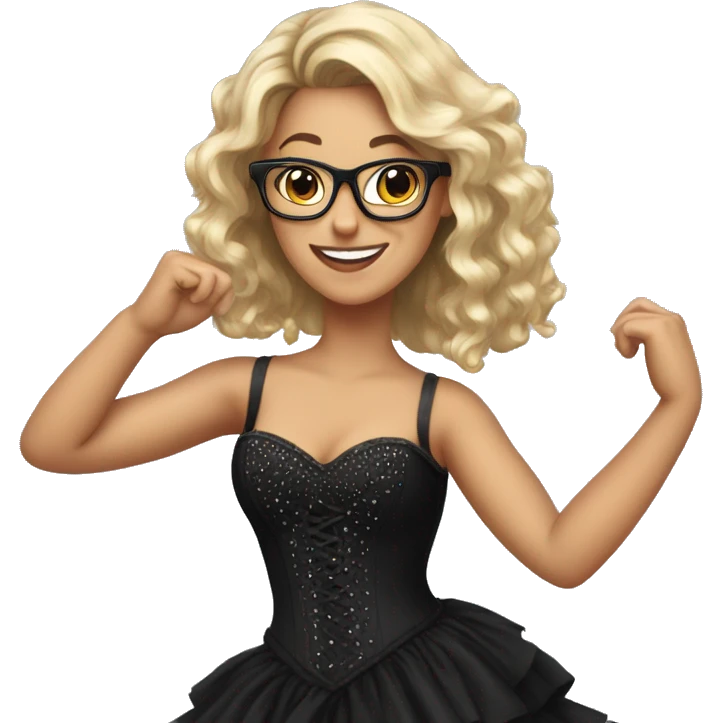 Girl with shoulder length hair and glasses wearing a long black dress with a rhinestone coveted corset top dancing emoji