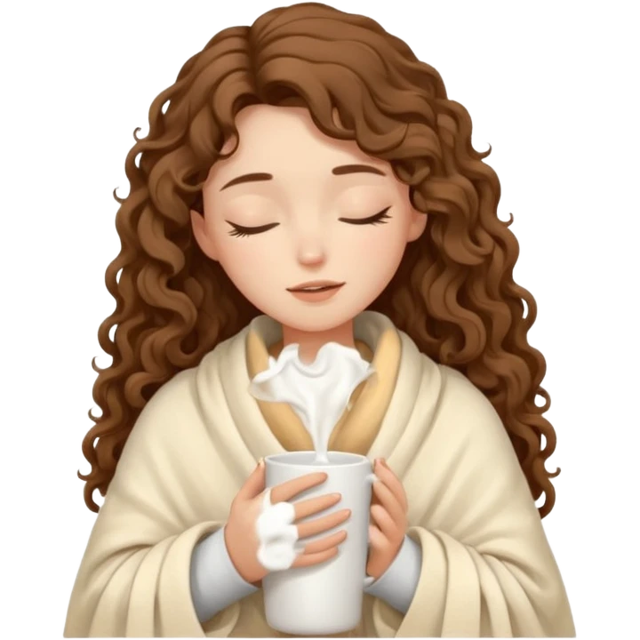 slender girl with fair skin with long curly brown hair girl closed her eyes and wrapped in a cream soft blanket holding a white mug in her hands emoji