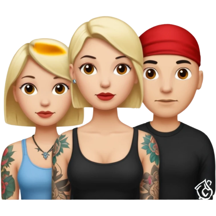 throuple blonde female brunette female with tattoed bald male emoji