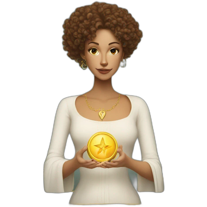 white woman with brown curls and a tarot card with gold star on it emoji