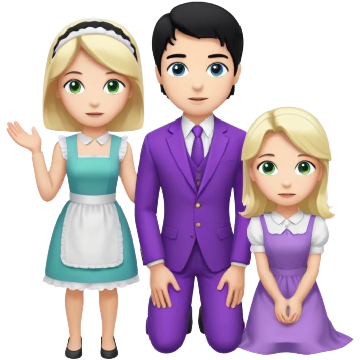 Prince, standing, black hair, blue eyes, and maid, blonde Hair, green eyes, white short sleveless dress, kneeling  emoji
