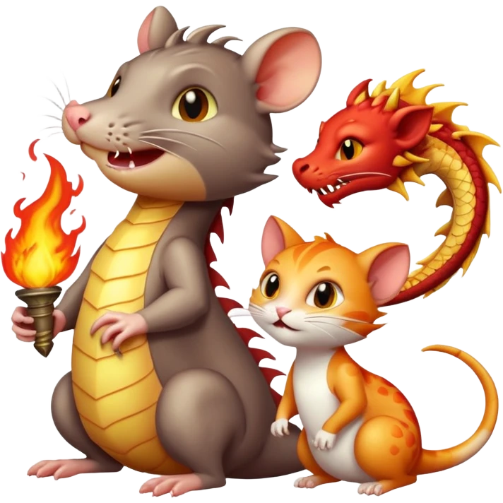Rat + cat + dragon blowing fire emoji