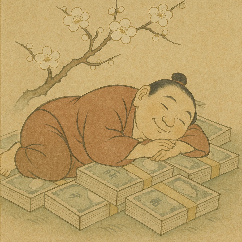 happy person napping on mattress of money emoji