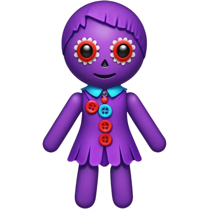 A colorful voodoo doll with bright fabrics in purple, red, and blue, with decorative buttons and pins sticking out emoji