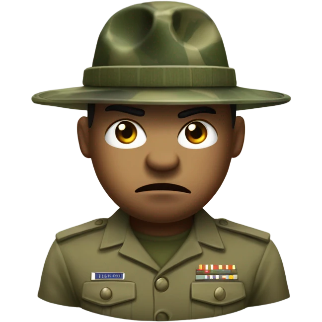 drill sergeant character wearing a classic sergeant hat and a camouflage army shirt. The character should have an angry intense expression. full torso emoji