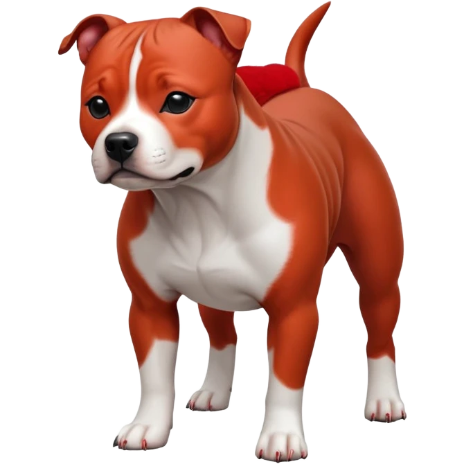 cinematic-[Staffordshire bull terrier]-realistic-full-body-standing-emoji,-tail-resting-loosely-beside-its-paws,-head-tilted-dramatically, -sleek-[red and white]-fur,-simplified-yet-realistic-focused-features,-highly-detailed,-glowing-with-an-almost-sarcastic-glow emoji