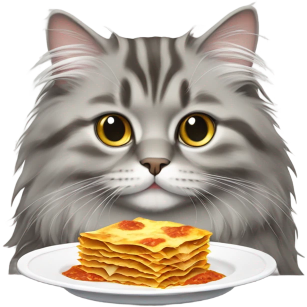 Gray, Siberian cat eating lasagna emoji
