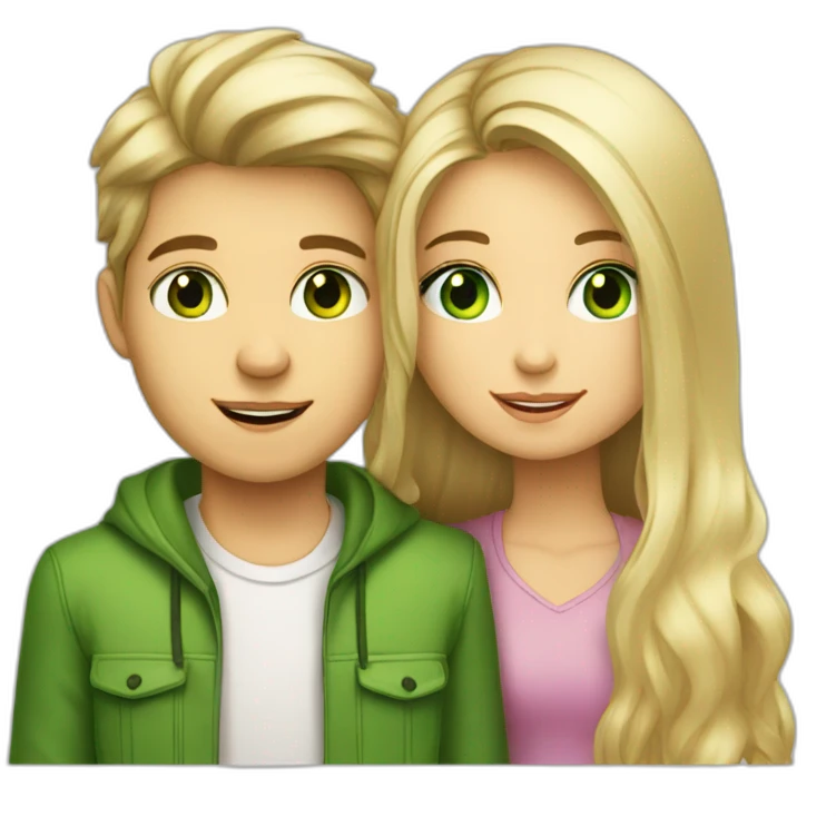a blond boy with brown-green eyes kisses a brunette girl with long straight hair and bright green eyes on the cheek emoji