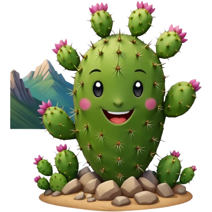 smiling prickly pear cactus with mountains in background emoji