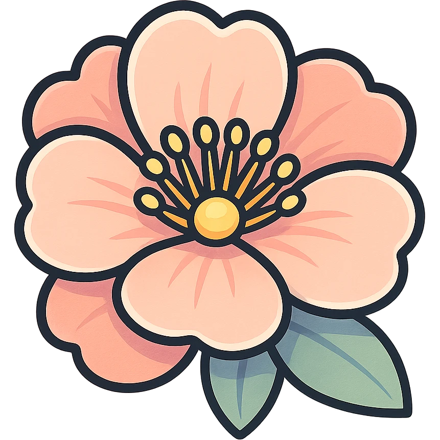 cute peach flower, icon-color-outlined style, more volumetric and detailed, detailed petals, smooth color transitions, shadows and highlights, thin clean contours, soft rounded shapes, pastel palette #98B5BC, #B5B3C1, #C9A3C9, #E4C0CA, #F7DCD1, #F7C0AA, modern Japanese pop art and sticker aesthetics, soft lighting, transparent background emoji