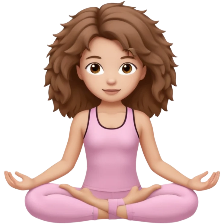 brown hair girl wearing light pink pilates clothes, fluffy medium hair and brown eyes emoji