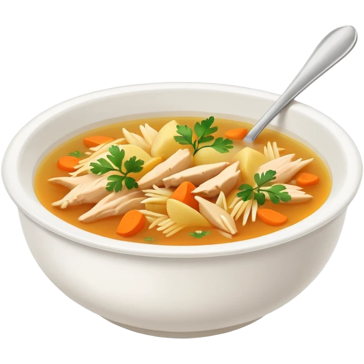 Mexican chicken broth (consomé de pollo): warm golden soup with shredded chicken, carrot, potato, and cilantro in a simple bowl emoji
