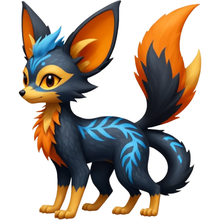 Lykoi-Fennekin-Electrike-Luxray-fusion-hybrid-animal-Fakémon-creature, full body, thin long sleek scaly tail, intricate markings emoji