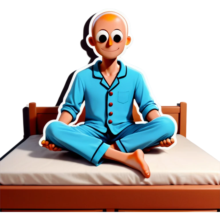 Bald stickman wearing notched buttoned light blue pajama barefoot, sitting on his bed in master bedroom  emoji