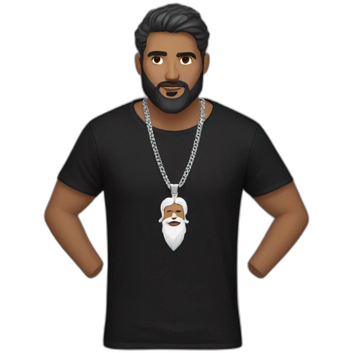 A white Indian man with beard wearing men silver chain,styled on a black Full sleeve tshirt emoji