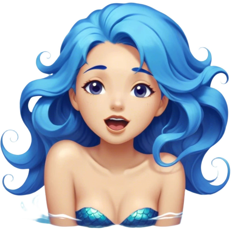 Cinematic Realistic Blue Hair Mermaid Portrait, head tilted slightly with a dramatic, wide-open yawn, revealing a tender, relaxed visage with intricately detailed, tanned skin and vibrant, cascading blue hair softly billowing around her. Her dreamy eyes exude a serene, aquatic charm, rendered with gentle underwater lighting and a soft, high-shine finish that captures the essence of a drowsy yet captivating mermaid drifting into tropical slumber. emoji