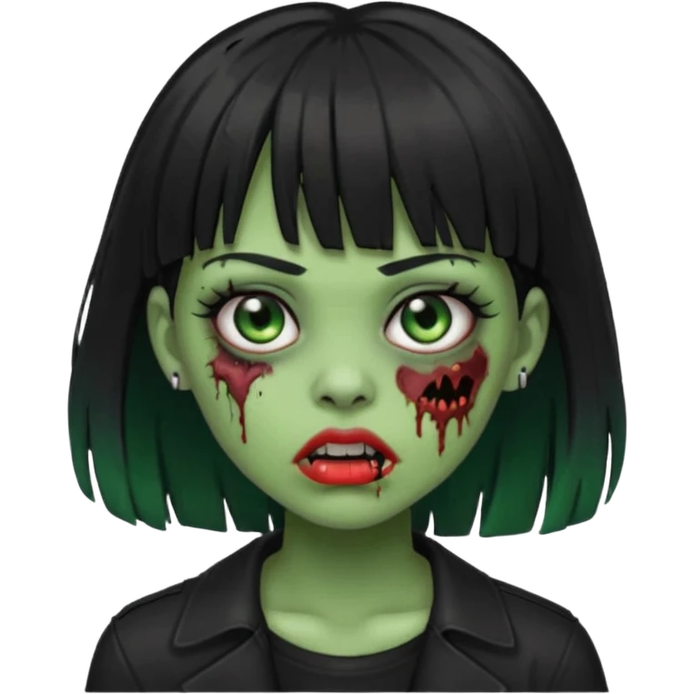 garota zumbi(cor de pele verde), com cabelos pretos e franja, roupa preta e com piercing na boca  emoji