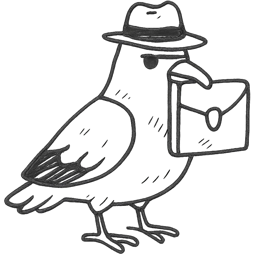 hand drawn outline style sketchy spy pigeon with a secret file emoji