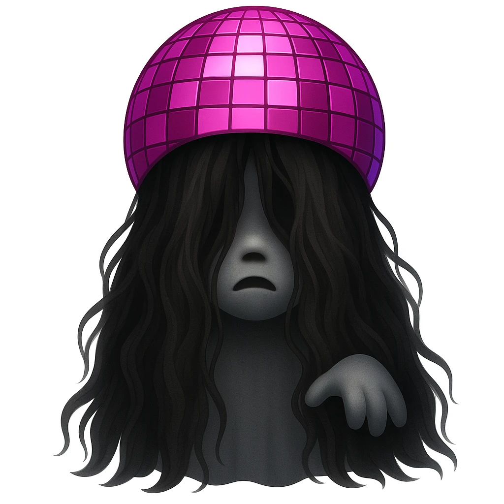 Turn the girl with pink disco ball into a ghost, using the reference photo for ghostly hair and pose, keep the disco ball pink, in the style of emoji style. emoji