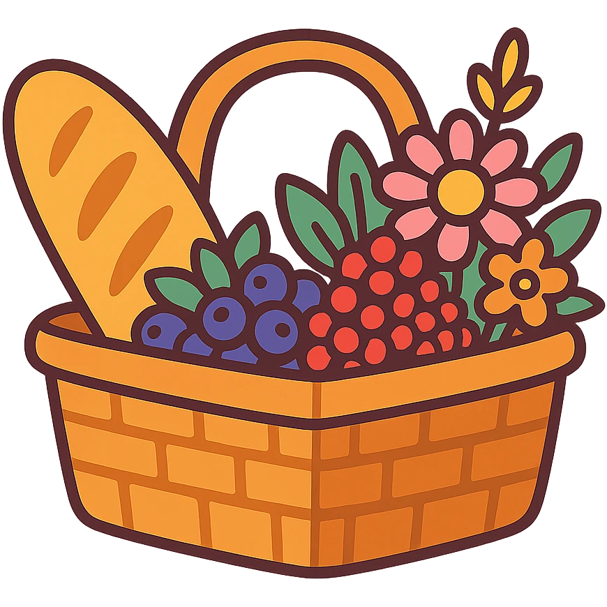 picnic basket with berries, bread, and flowers in warm pastel shades, vibrant-toon style emoji
