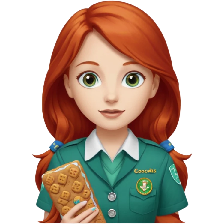white girl scout with red long hair selling cookie at Wendy’s big emoji