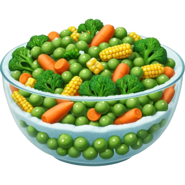 A close-up of a bowl filled with frozen mixed vegetables — peas, carrots, corn, and broccoli — covered with a light layer of frost. The colors are bright but slightly muted from freezing. Natural lighting, high-detail macro food photo. emoji