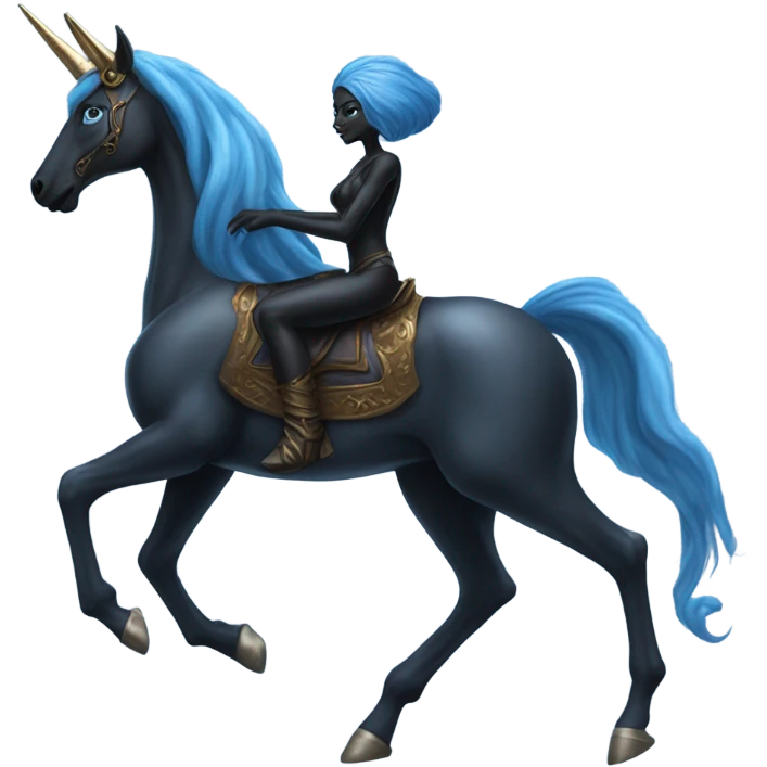a blue amazon alien woman on a black unicorn emoji