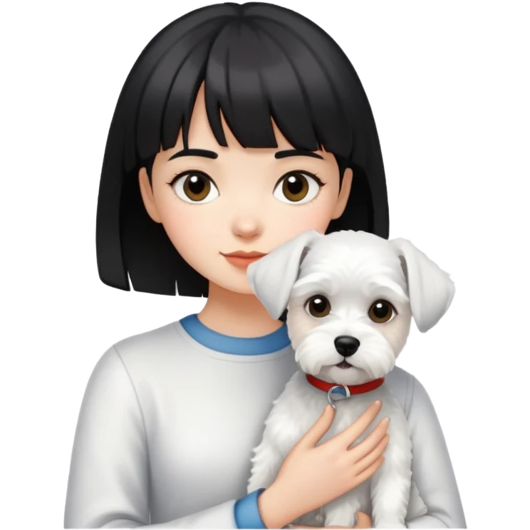 Girl with short black hair and bangs holding a white schnauzer dog emoji