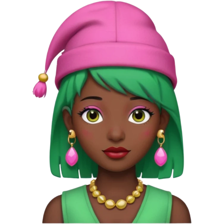 green haired fully black dog with big earrings and pink hat emoji