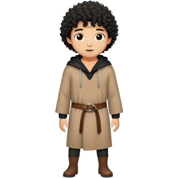 medieval outfit worn by a DnD themed fantasy character. basic wool tunic with a leather belt and a hood. clothes only above the waist. The clothes full waist. The character's haven't arms. character is black hair brown eyes short curly hair tan-skinned man. emoji