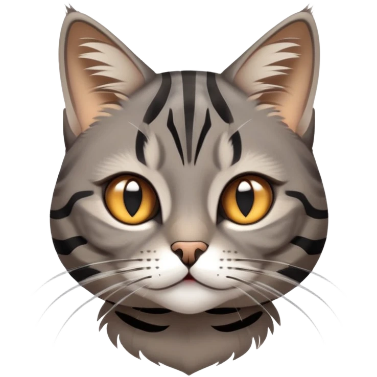 cinematic-cute-grey-and-black-brown-tabby-cat-portrait-emoji,-head-tilted-playfully-and-inquisitively,-sleek-grey-brown-fur-with-bold-black-tabby-stripes-and-a-distinctive-m-shaped-marking-on-the-forehead,-sparkling-amber-eyes,-simplified emoji