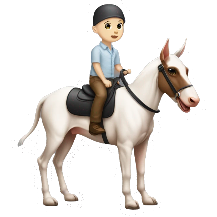 A bald, white skin, newborn baby boy riding a Doberman like a horse emoji