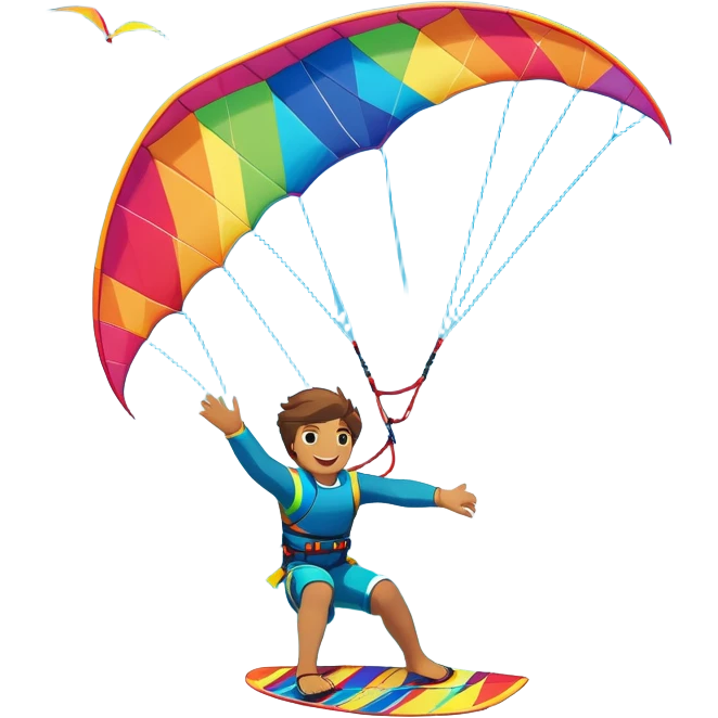 A vibrant kite soaring high in the sky, attached to a kiteboarder riding the waves below. The scene is filled with bright colors, capturing the energy of the sport. The background features the ocean, wind-blown waves, and a clear sky, showcasing the excitement and freedom of kiting. emoji