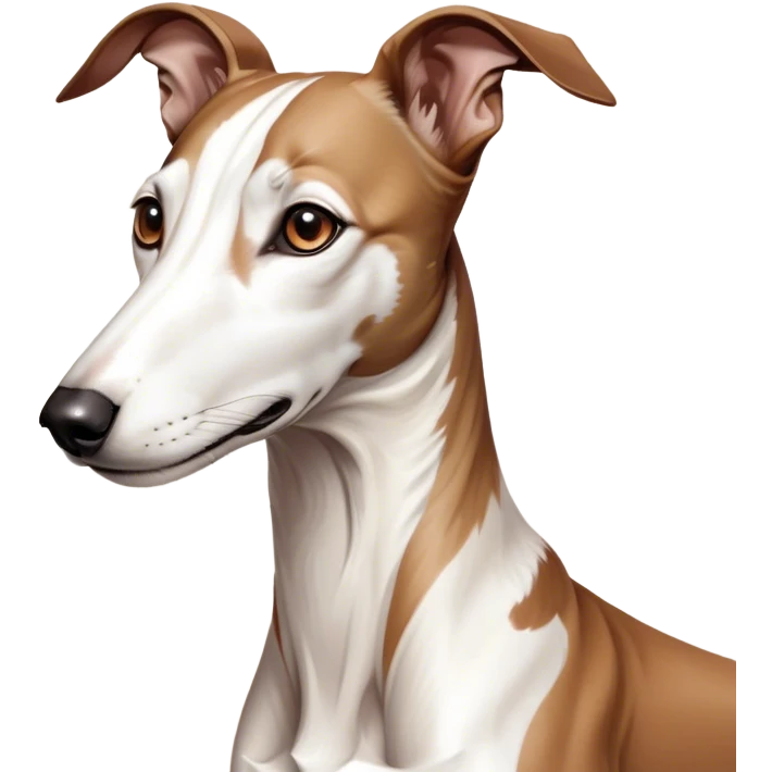 Cinematic Noble White and Brown Greyhound Portrait Emoji, Poised and regal, with a slender, aerodynamic build and a sleek Fur of pristine white accented by warm brown markings, deep-set soulful eyes, Simplified yet sharp and sophisticated features, highly detailed, glowing with a soft, dignified glow, high shine, intelligent and agile, stylized with an air of elegance, focused and attentive, soft glowing outline, capturing the essence of a watchful and swift companion, so majestic it feels as though it could dash out of the screen with effortless authority! emoji