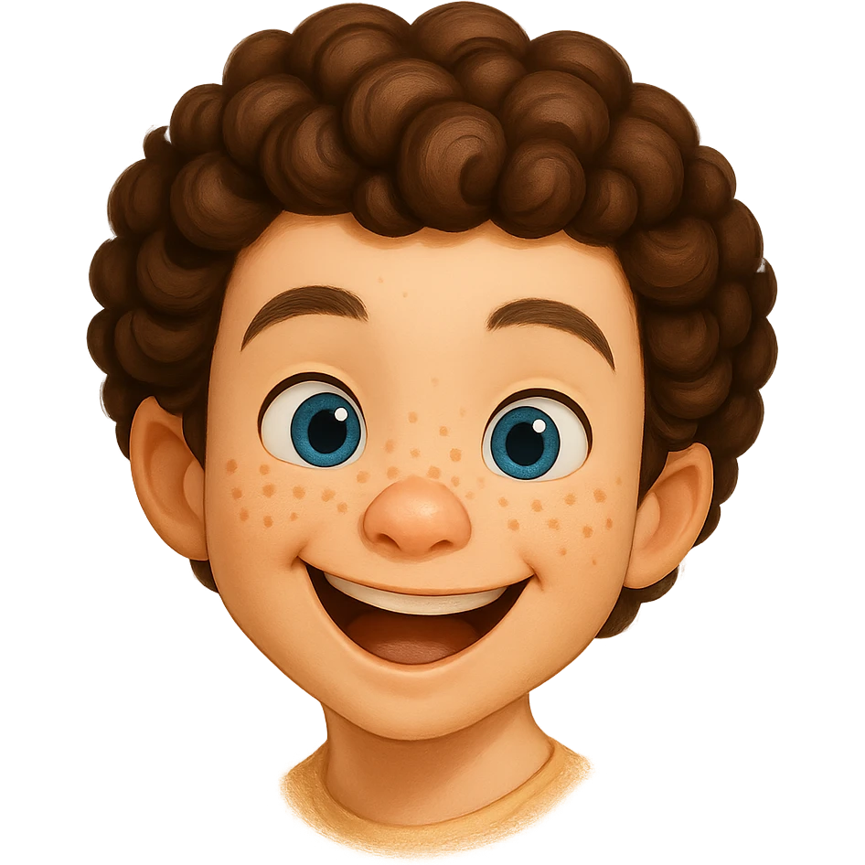 Redraw this character in 3D Disney style, keeping the same happy expression, curly hair, and freckles. Maintain a transparent background. Focus on a vibrant, detailed 3D Disney animation look with warm colors and soft shading. emoji