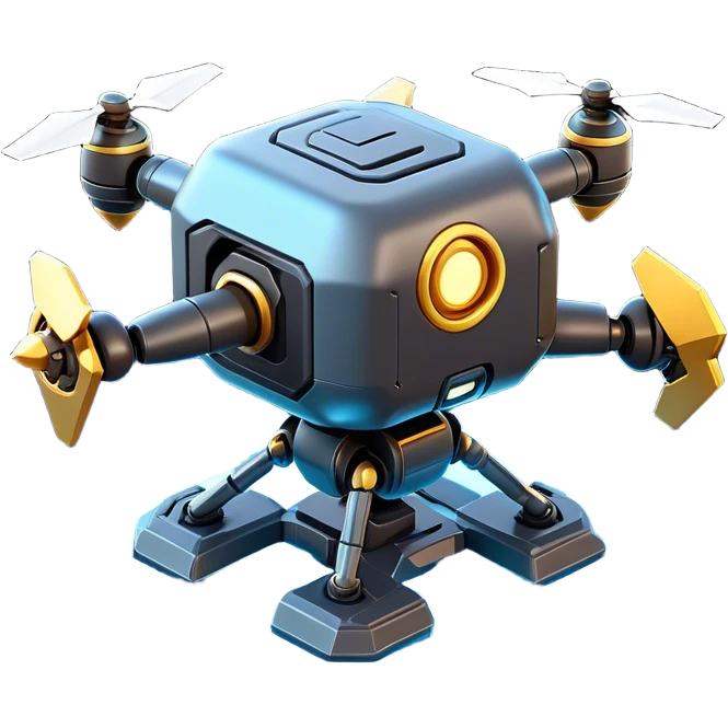 Clash of Clans aesthetic: Cinematic Playful 3D Isometric Robot Drone Emoji, rendered in a 3D vector-style similar to standard emojis with minimal shading and bold, simplified shapes. A compact, distinct form with signature details, softly glowing with a futuristic sci-fi warfare charm. Simplified yet unmistakably iconic, highly detailed and consistent, glowing with a soft radiance and high shine. Stylized with a touch of high-tech brilliance and a soft glowing outline, capturing the essence of a beloved gaming relic with a friendly, playful manner! emoji